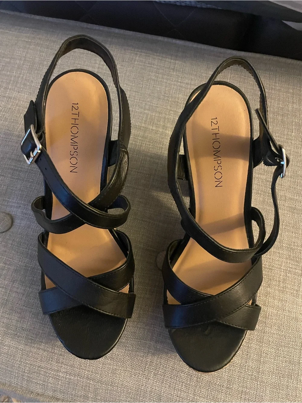 12 Thompson Black Cork Platform Strappy Sandals